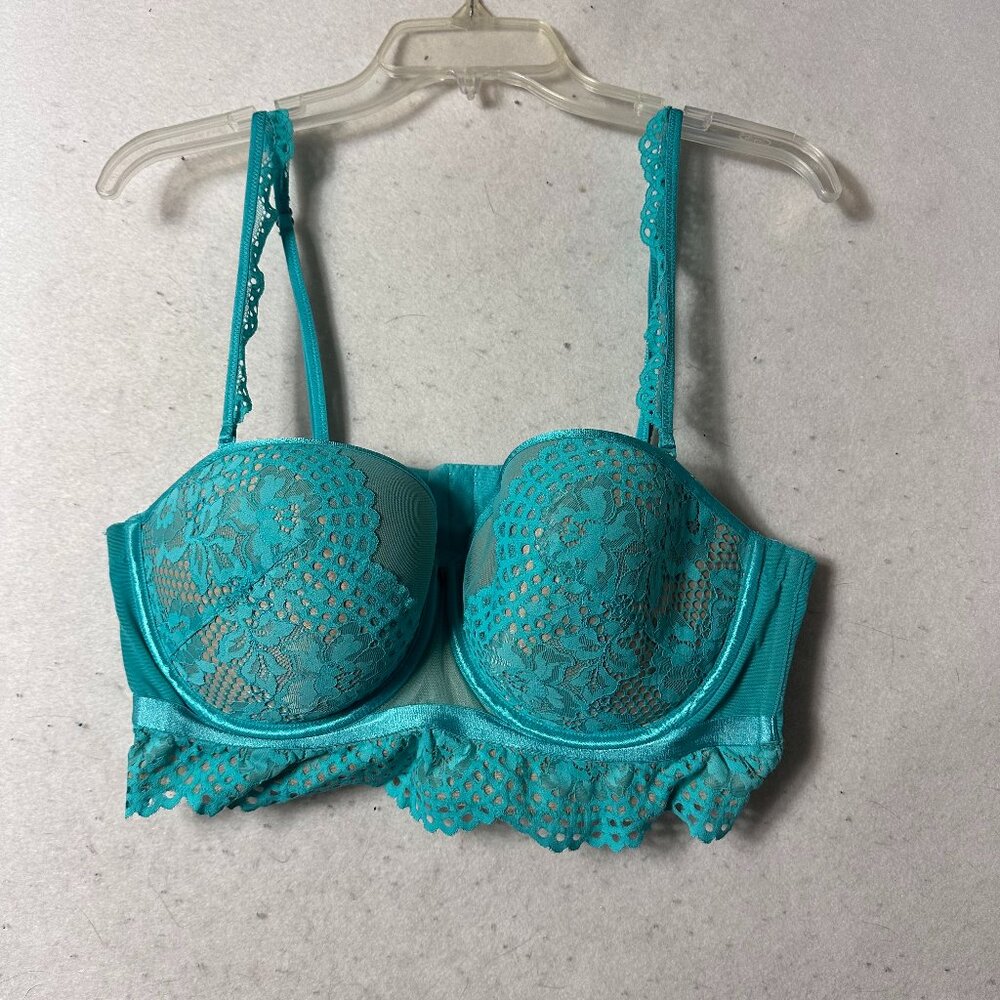 Cacique lightly lined multi-way strapless bra 42C‎ turquoise blue floral lace